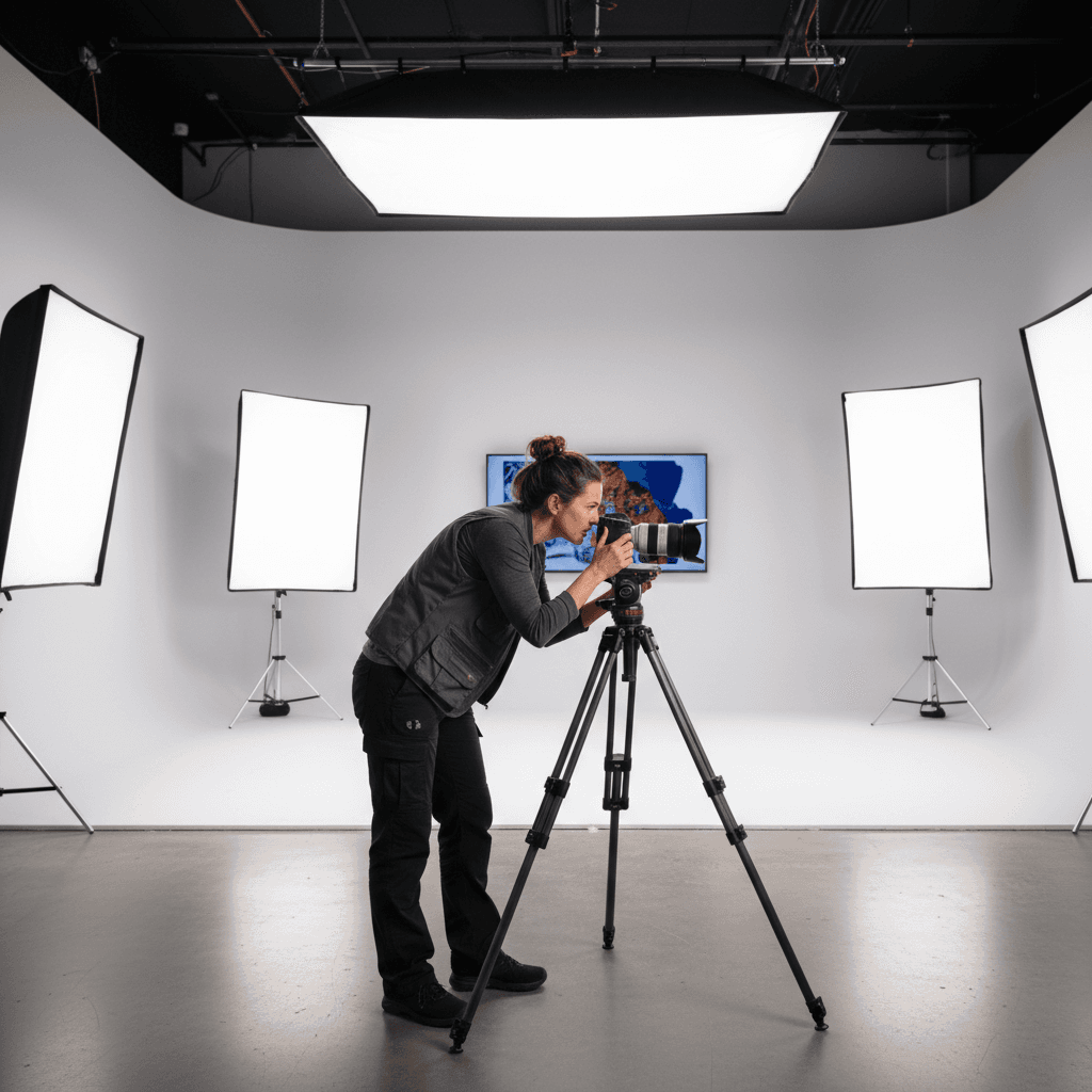 Photographer setting up camera in studio