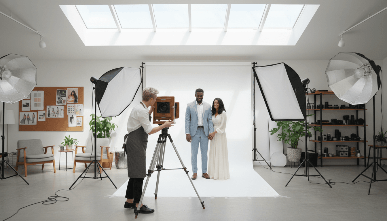 Photographer with camera in a bright studio