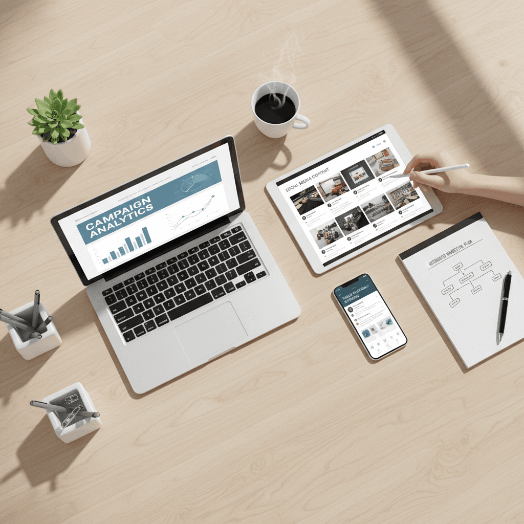 Digital marketing workspace with laptop and planning tools
