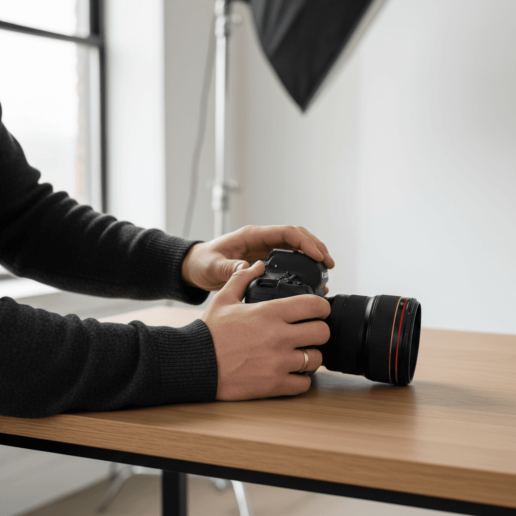 Photographer working with professional camera in bright studio